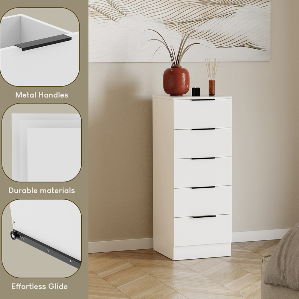 VIDA DESIGNS Trega 5 Drawer White Narrow Bedside Cabinet Image 8