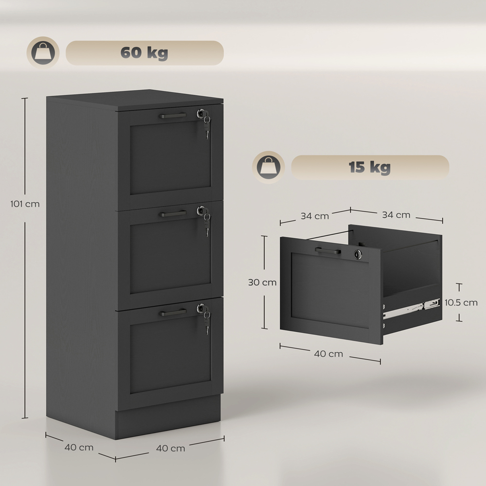 Portland 3 Drawer Black Lockable Filing Cabinet with Keys Image 9