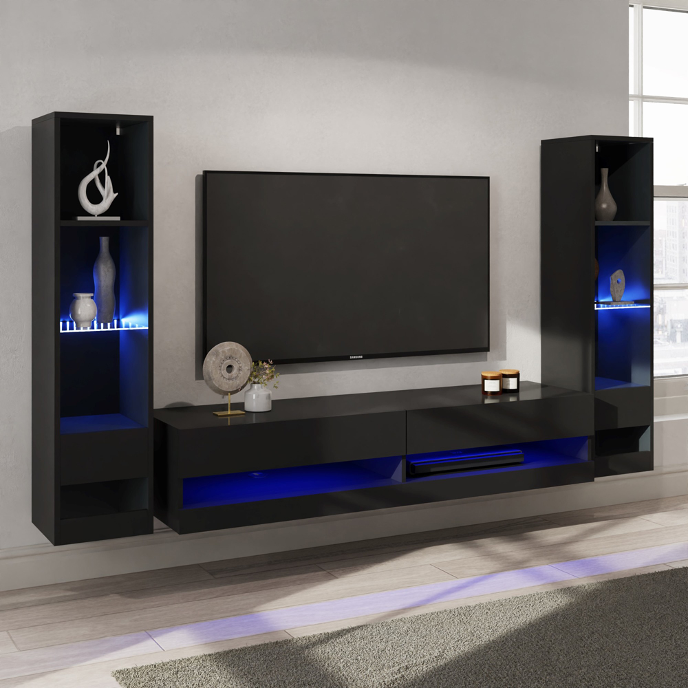 GFW Galicia 10 Shelf Black Wall Mounted LED Full Media Set Image 1