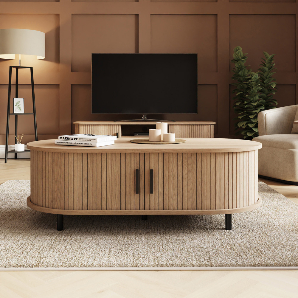 GFW Omari 2 Tambour Sliding Door Oak Slatted Coffee Table Image 7