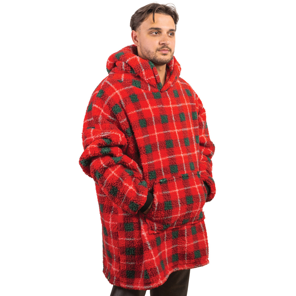 Adults Tartan Sherpa Hoodie Red Image 1