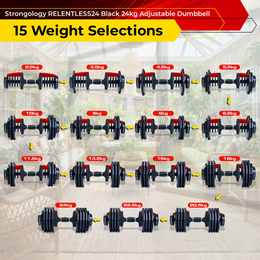 Strongology Urban24 Home Fitness Black and Red Adjustable Dumbbells 2.5kg to 24kg 2 Pack Image 5