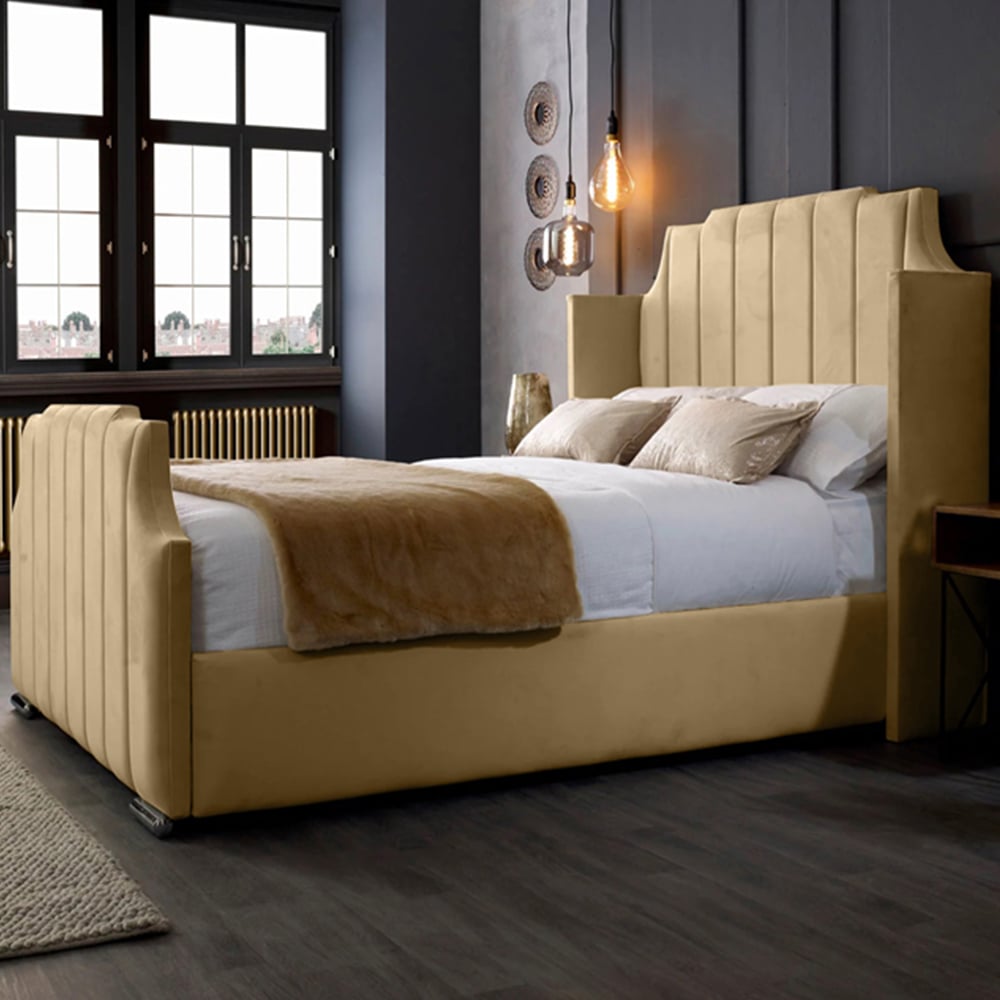 Eleganza Home Nelly Double Beige Plush Velvet Bed Frame with Winged Headboard Image 1