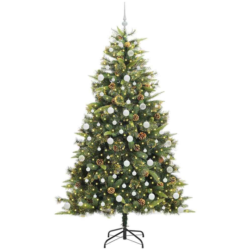 vidaXL Pre-Lit White Baubles and Pinecones Green Artificial Christmas Tree 7ft Image 1