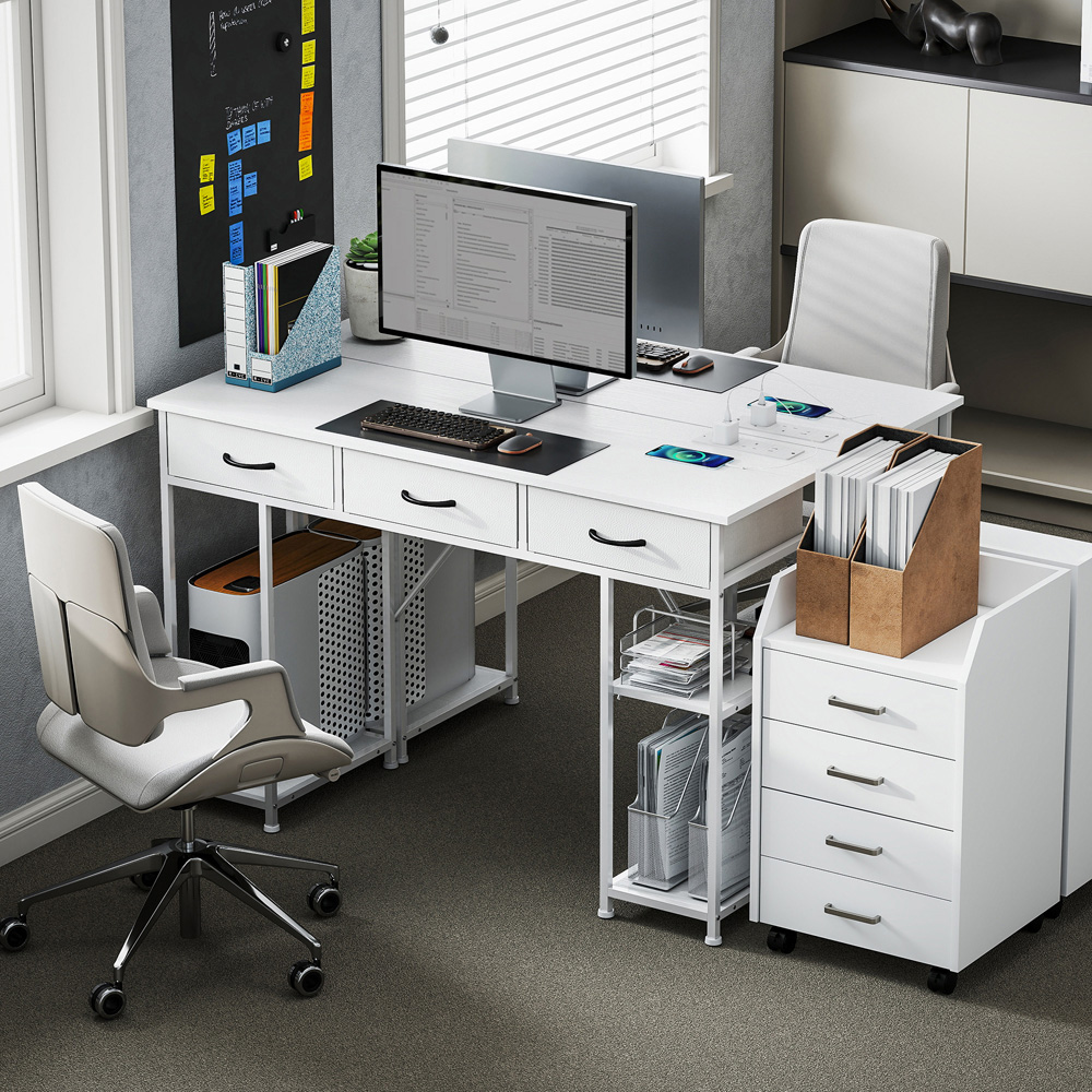 HOMCOM 3 Drawer 4 Shelf Computer Desk with Power Outlets White Image 8