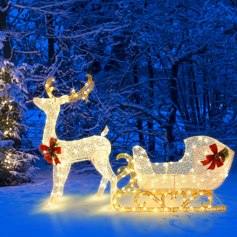 Costway 215 Warm White LED Pre-Lit Reindeer and Santa’s Sleigh Christmas Decoration Image 5