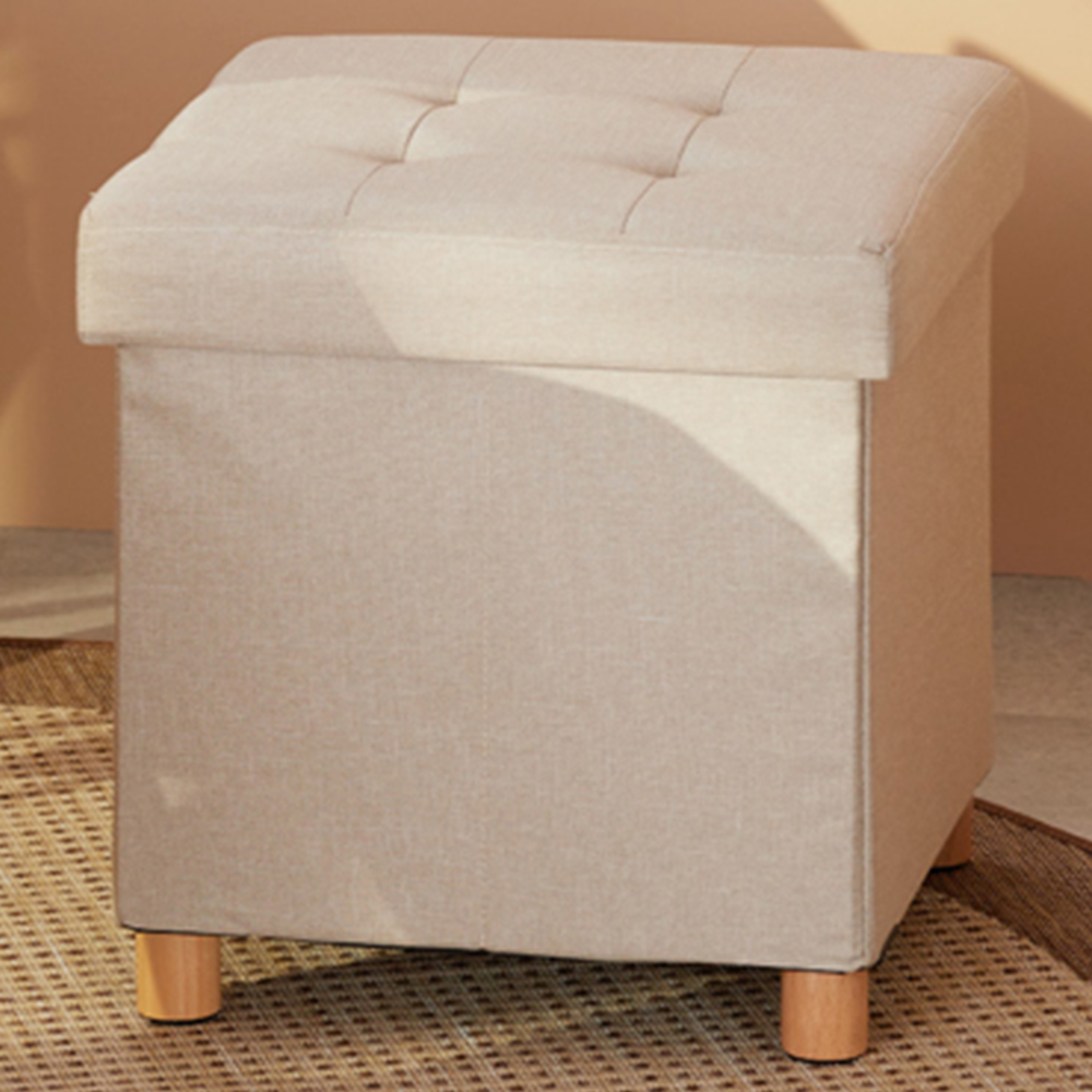 tectake Alea Sand Linen Look Padded Foldable Stool with Storage Image 1