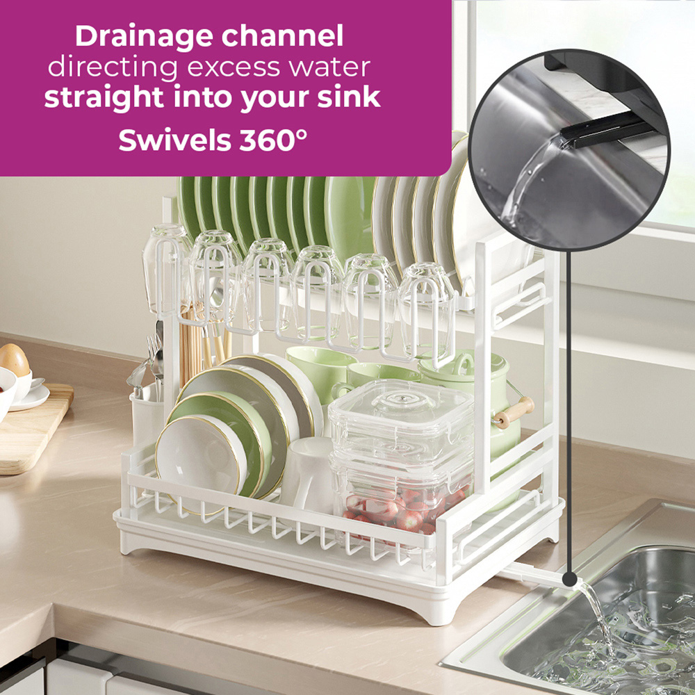 Neo 2 Tier White Large Dish Drying Rack with Drip Tray Image 5