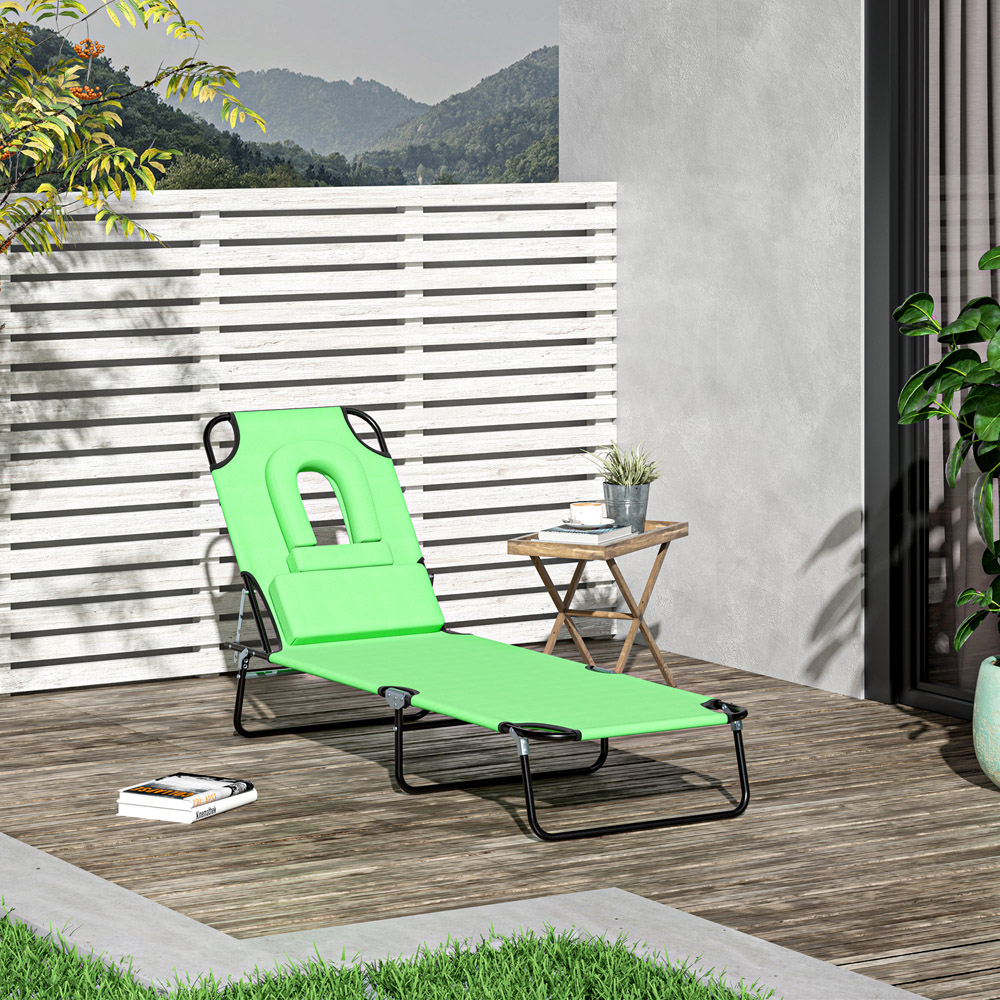 Outsunny Green Foldable Sun Lounger with Reading Hole Image 7