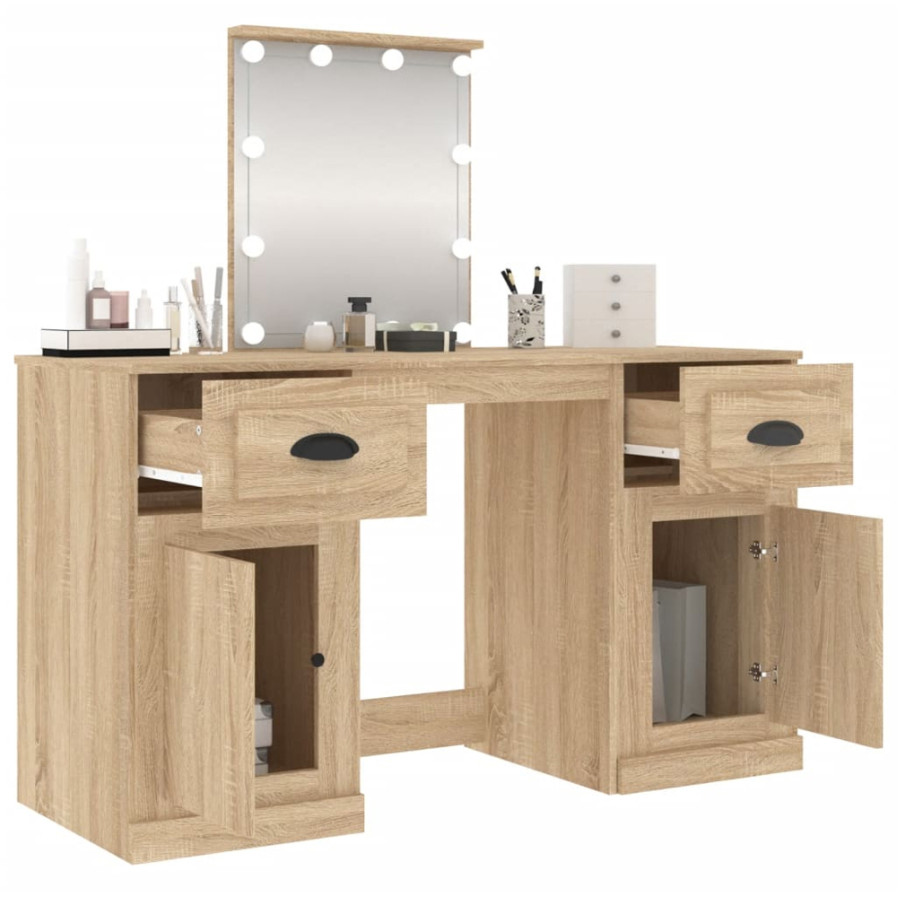 vidaXL 2 Door 2 Drawer Sonoma Oak Wooden Dressing Table with LED Mirror Image 5