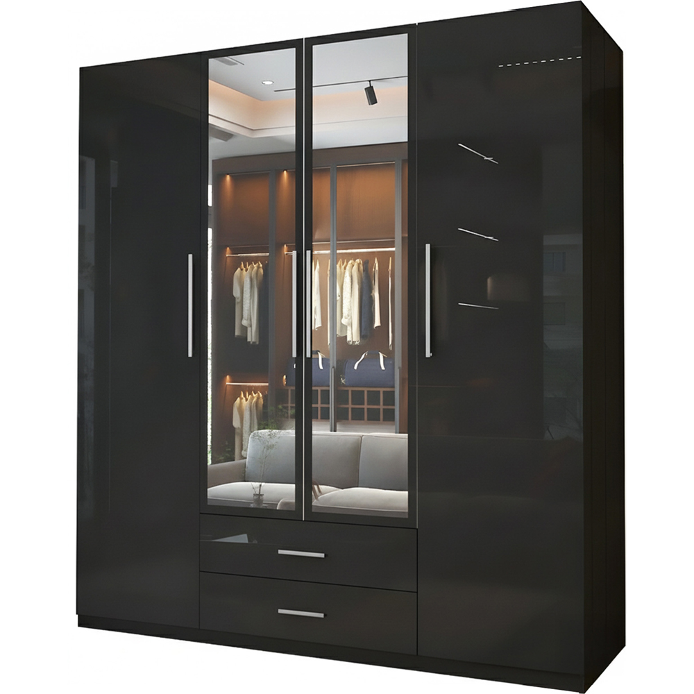 Sliding Wardrobes 4U 4 Door 2 Drawer Black High Gloss Hinge Door Wardrobe 160cm Image 2
