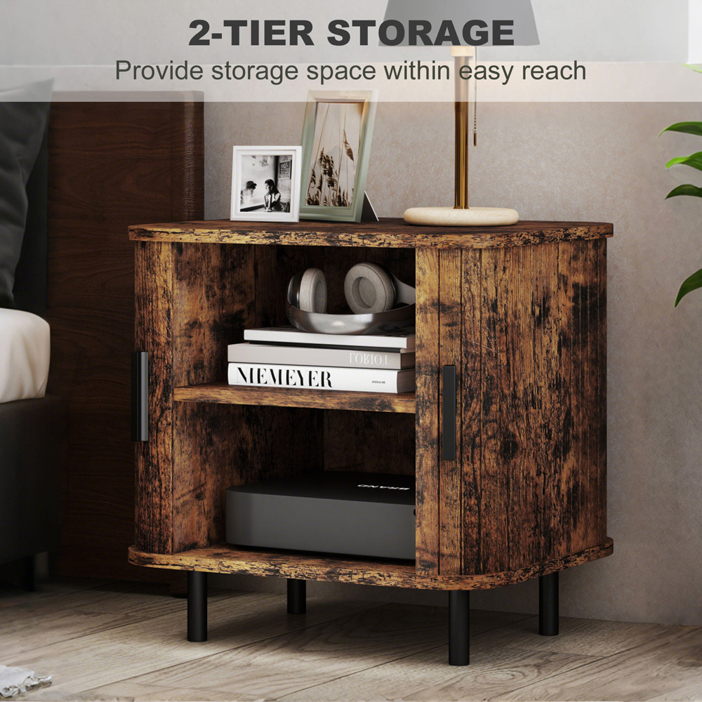 HOMCOM 2 Sliding Door Rustic Brown Nightstand Image 6