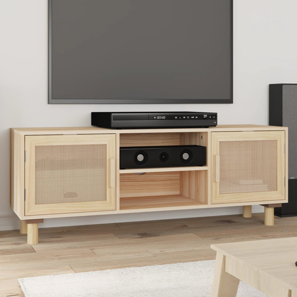 vidaXL 2 Door 2 Shelf Brown Solid Pine Wood and Natural Rattan TV Cabinet Image 1