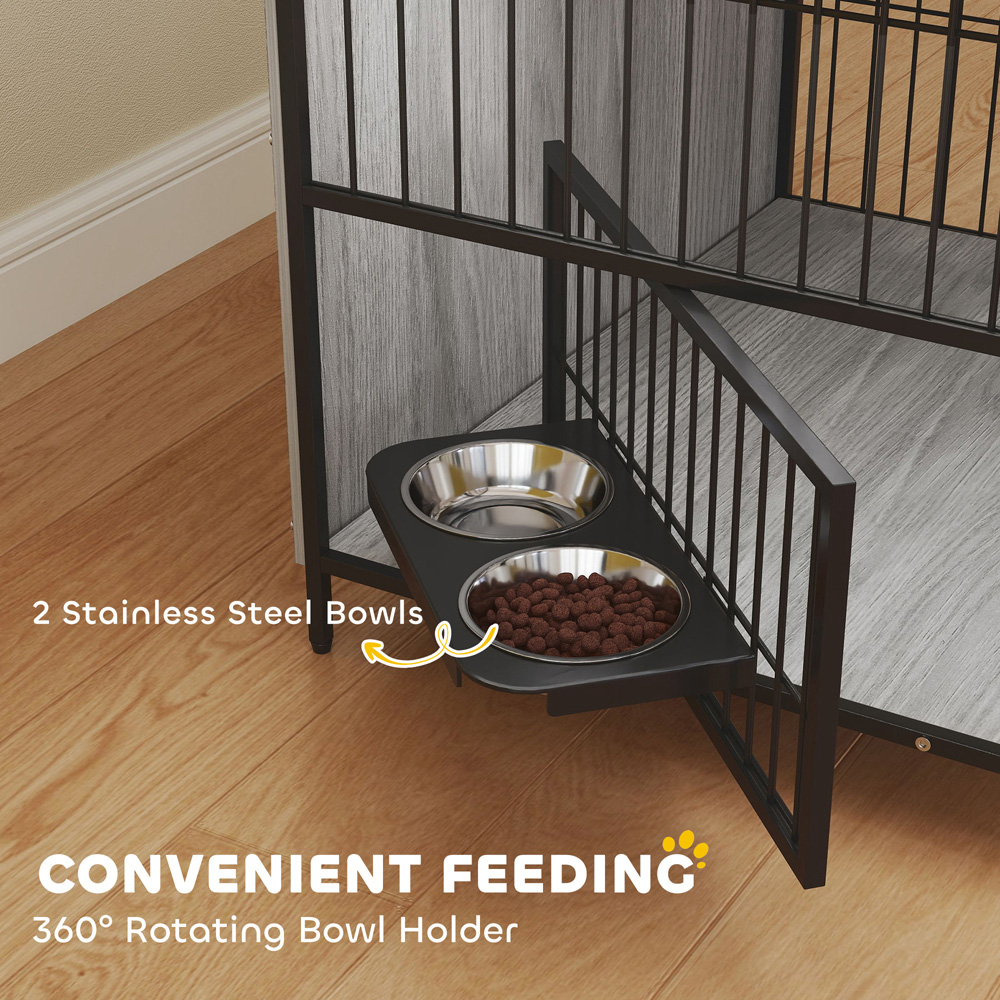 PawHut Grey Medium Dog Crate Furniture with Rotating Bowl Holder Image 5