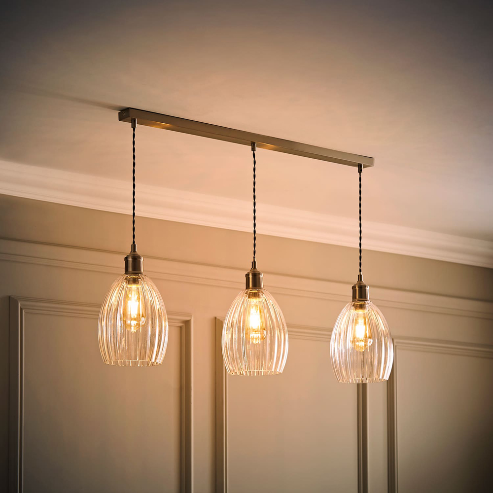 ValueLights Cheltenham Ribbed Shades Brushed Gold 3 Drop Bar Ceiling Light with Bulbs Image 2