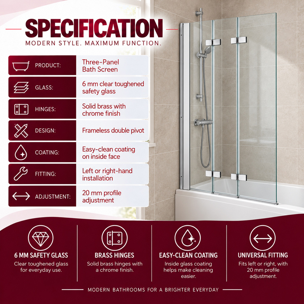 Go Bathrooms Jude Chrome Triple Pivot Bath Shower Screen 1200mm Image 4