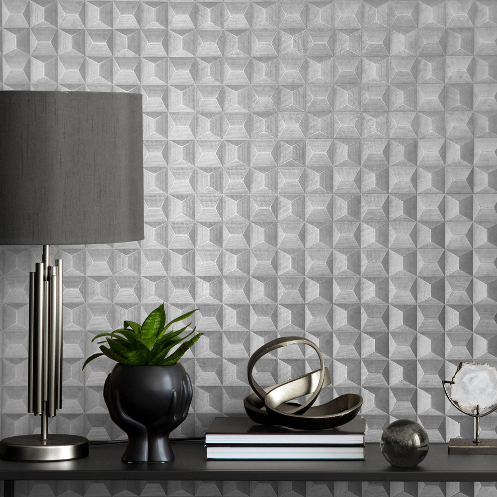 Vymura Romero 3D Square Effect Geo Grey Vinyl Wallpaper Image 4