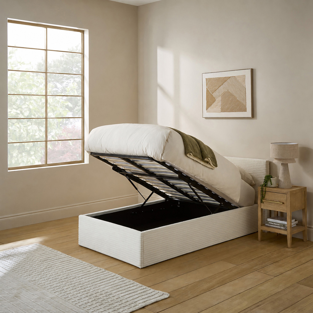 GFW Single Cream Corduroy End Lift Ottoman Bed Image 7