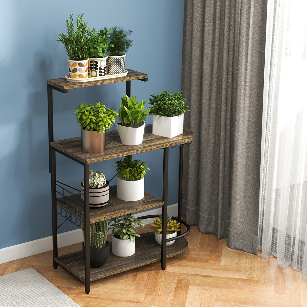 Costway 4 Shelf Rustic Brown Bakers Rack with 6 Hook Image 4