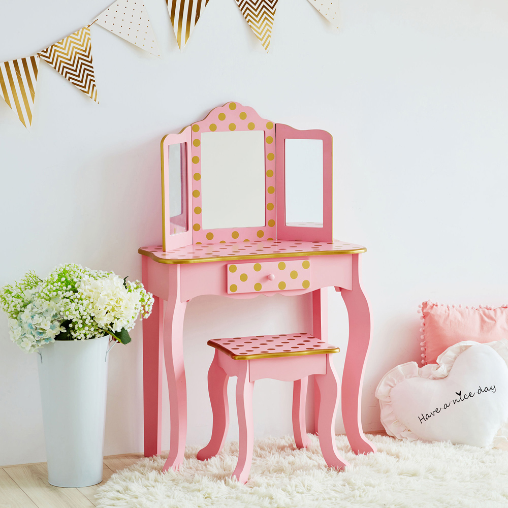 Teamson Kids Gisele Play Single Drawer Pink and Gold Polka Dot Prints Toy Vanity Set Image 6