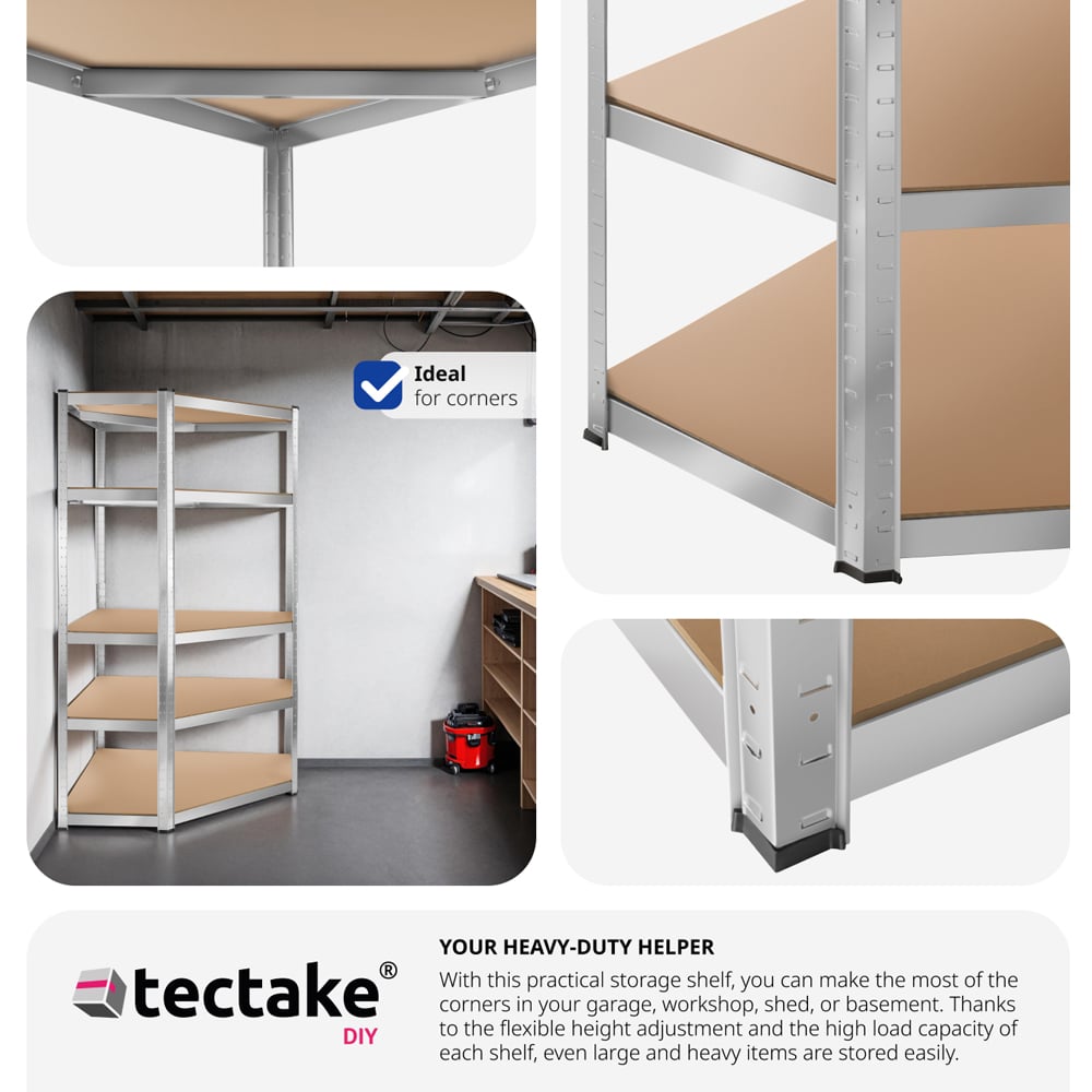 tectake 5 Shelf Silver Galvanised Steel Corner Garage Shelving Unit 180 x 90 x 90cm Image 6