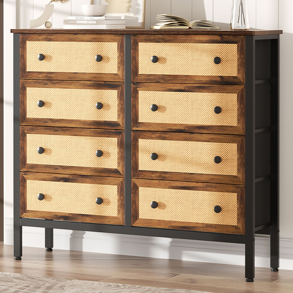 H&O Direct 8 Drawer Rattan Detailing Rustic Cabinet Image 1