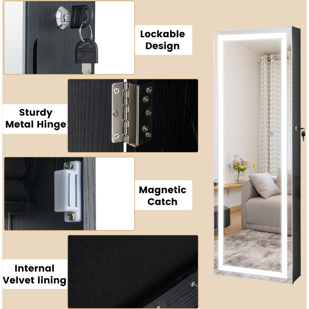 Costway Black LED Mirror Jewellery Cabinet with Lockable Magnetic Door Image 4