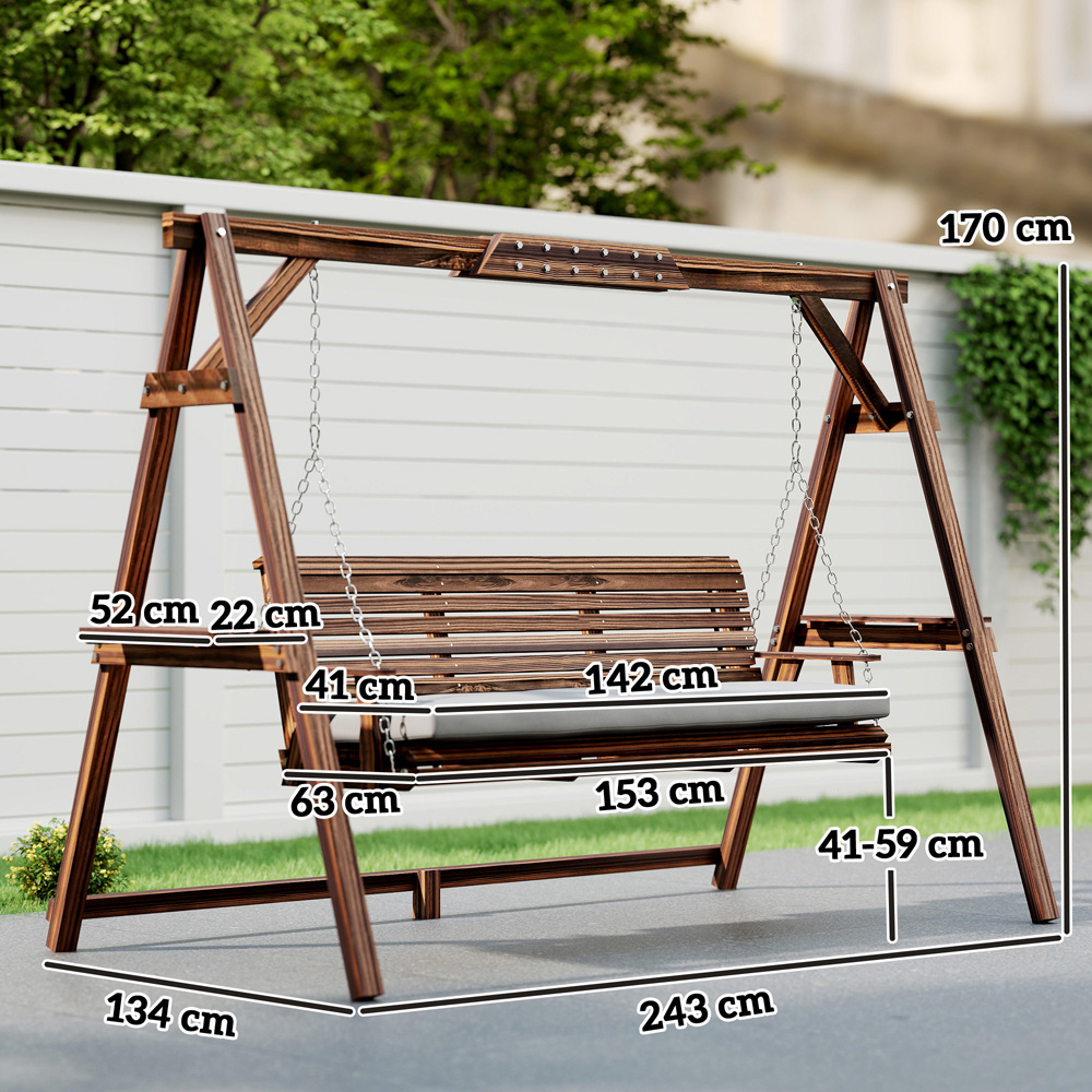 Outsunny 3 Seater Grey Garden Swing Chair with Side Trays and Cushion Image 8