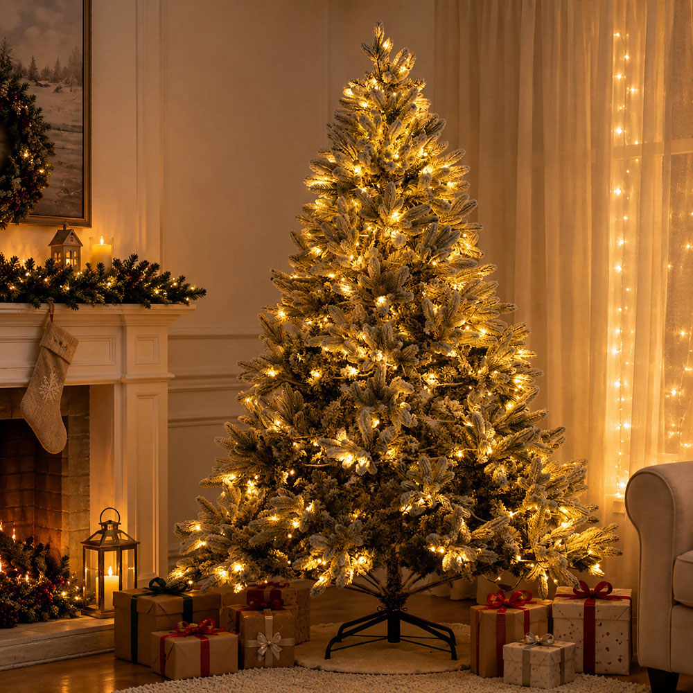 Abrihome 300 Warm White LED Pre-Lit Snow Flocked Artificial Christmas Tree with 800 Mixed Tips 6ft Image 2