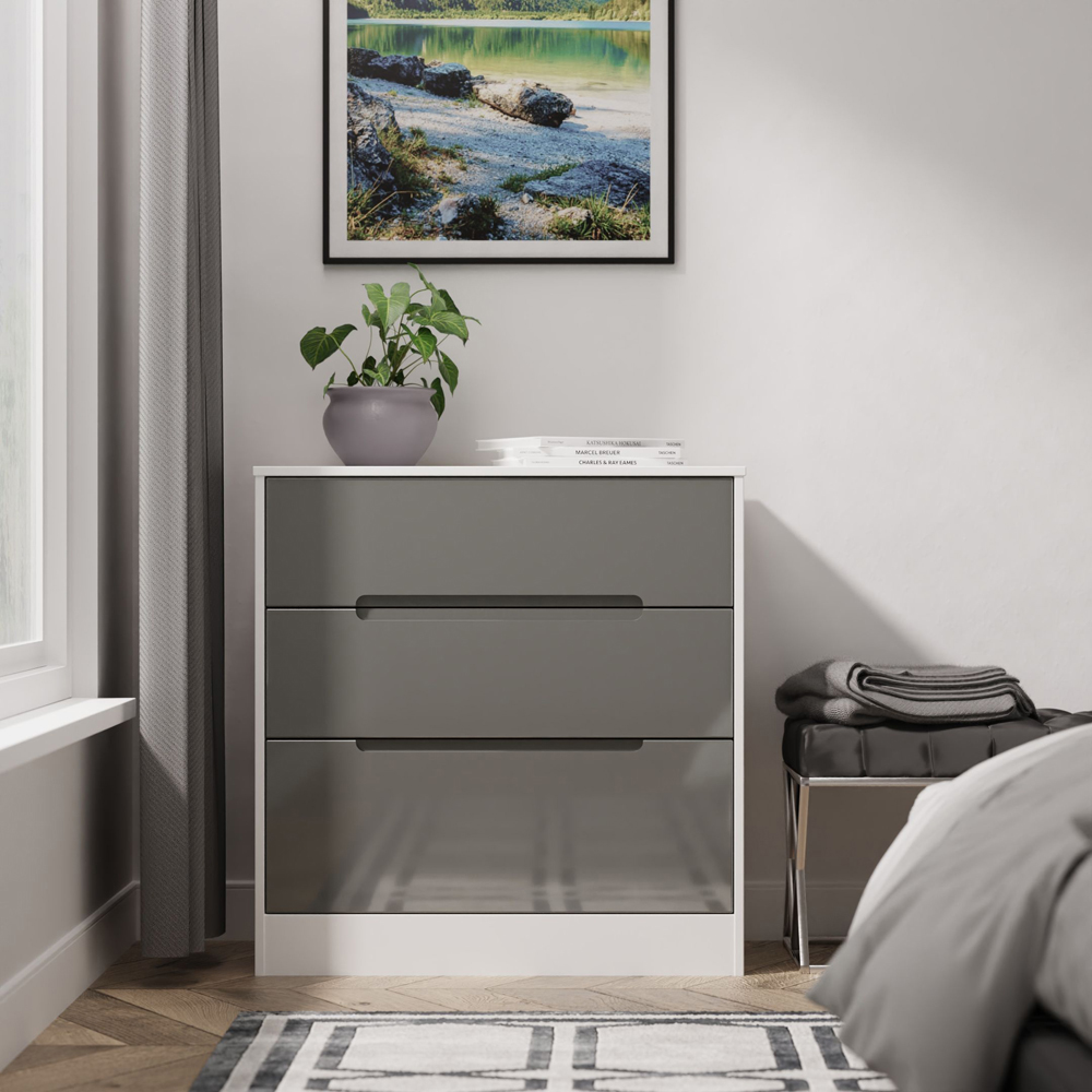 Crowndale Monaco 3 Drawer Grey Gloss and White Deep Chest of Drawers Ready Assembled Image 7