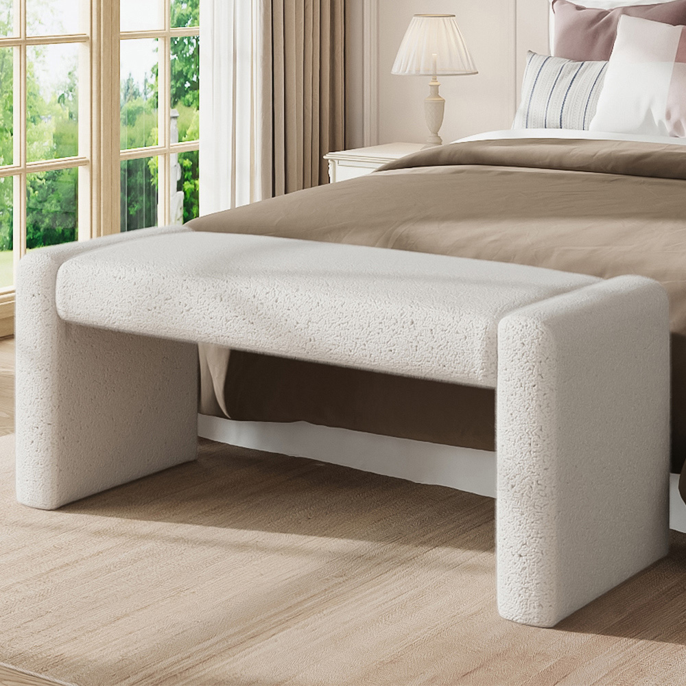 Living and Home Cream Teddy Fleece Modern Ottoman Bench Image 1