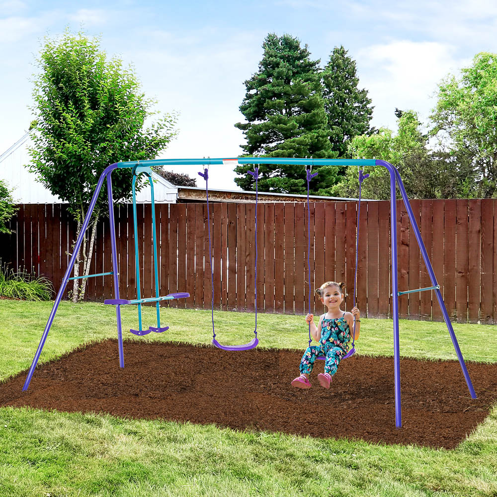 Outsunny Green Metal 2 Swings and Seesaw Play Set Image 2