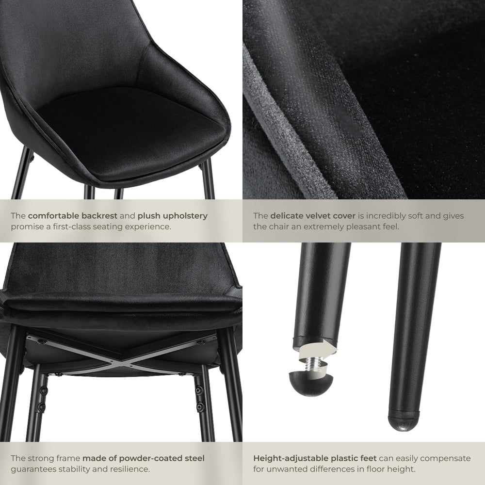 tectake Siera Black Velvet Look Bar Stool Set of 4 Image 5