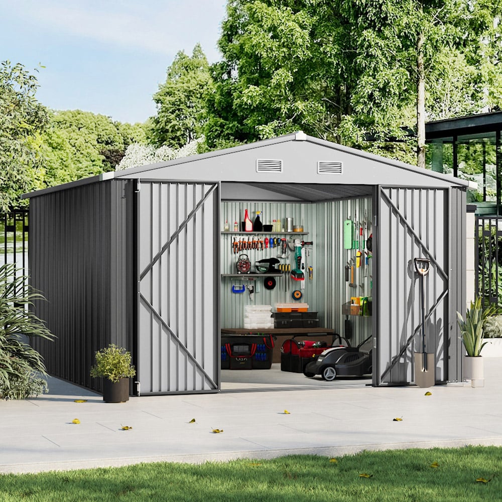Living and Home 10.4 x 8.7ft Grey Lockable Metal Storage Shed Image 8