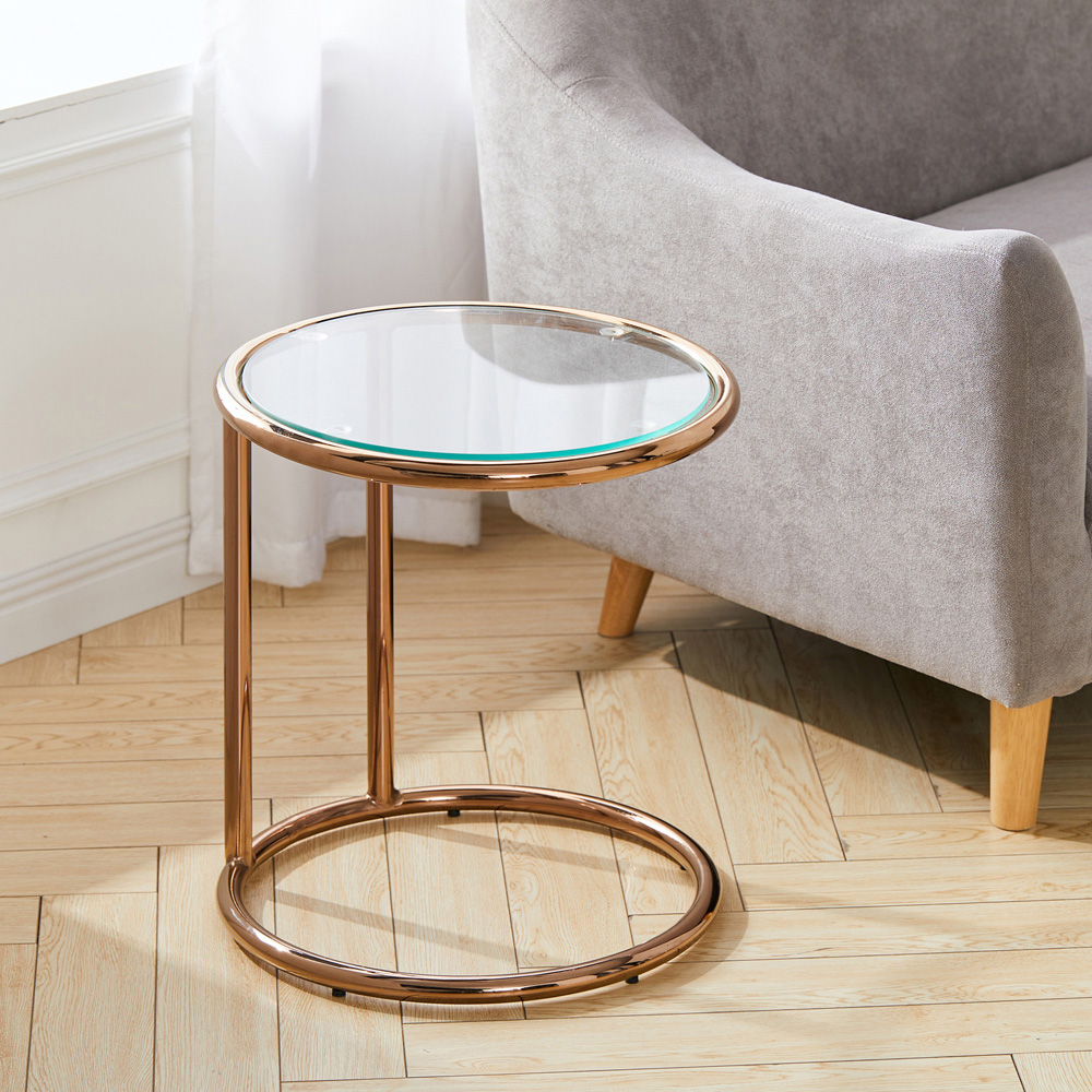 Living and Home Clear Tempered Glass Round Side Table with Metal Base Image 3