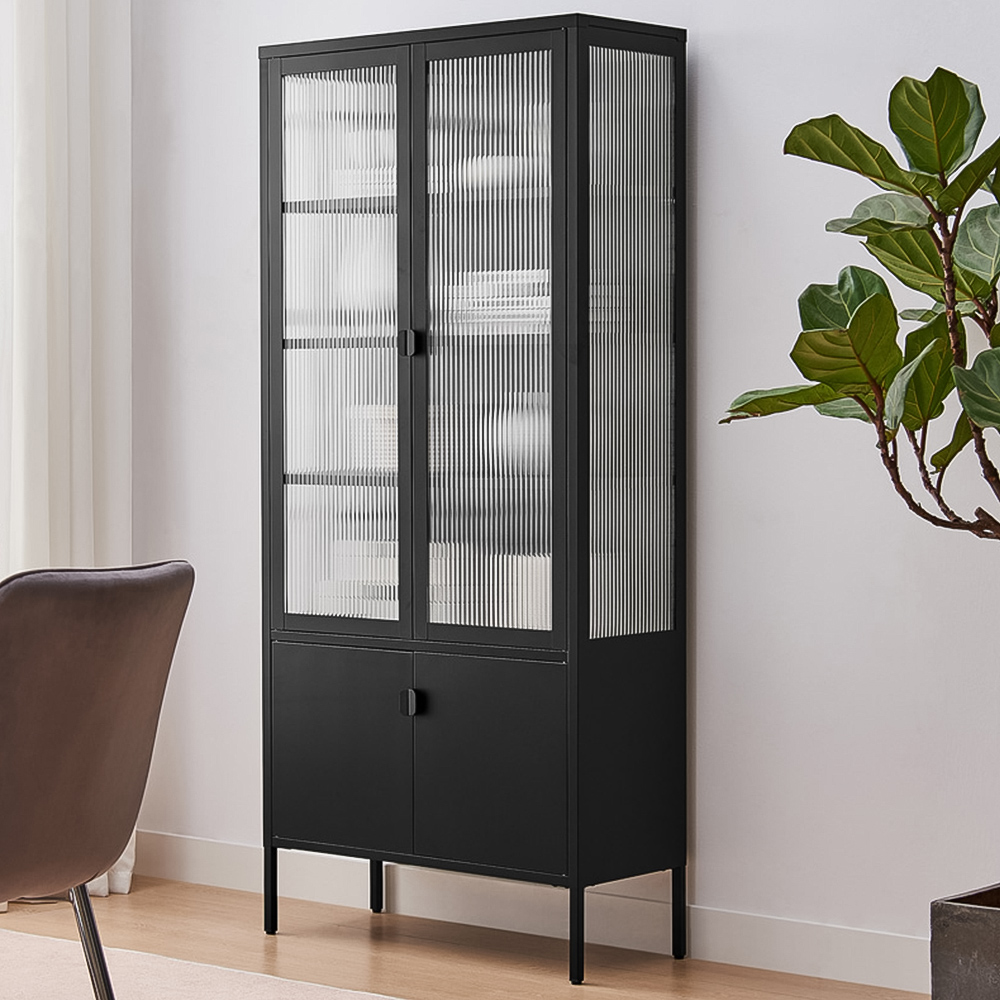 Furniturebox Jaya 4 Door Black Metal Tallboy Display Cabinet Image 1