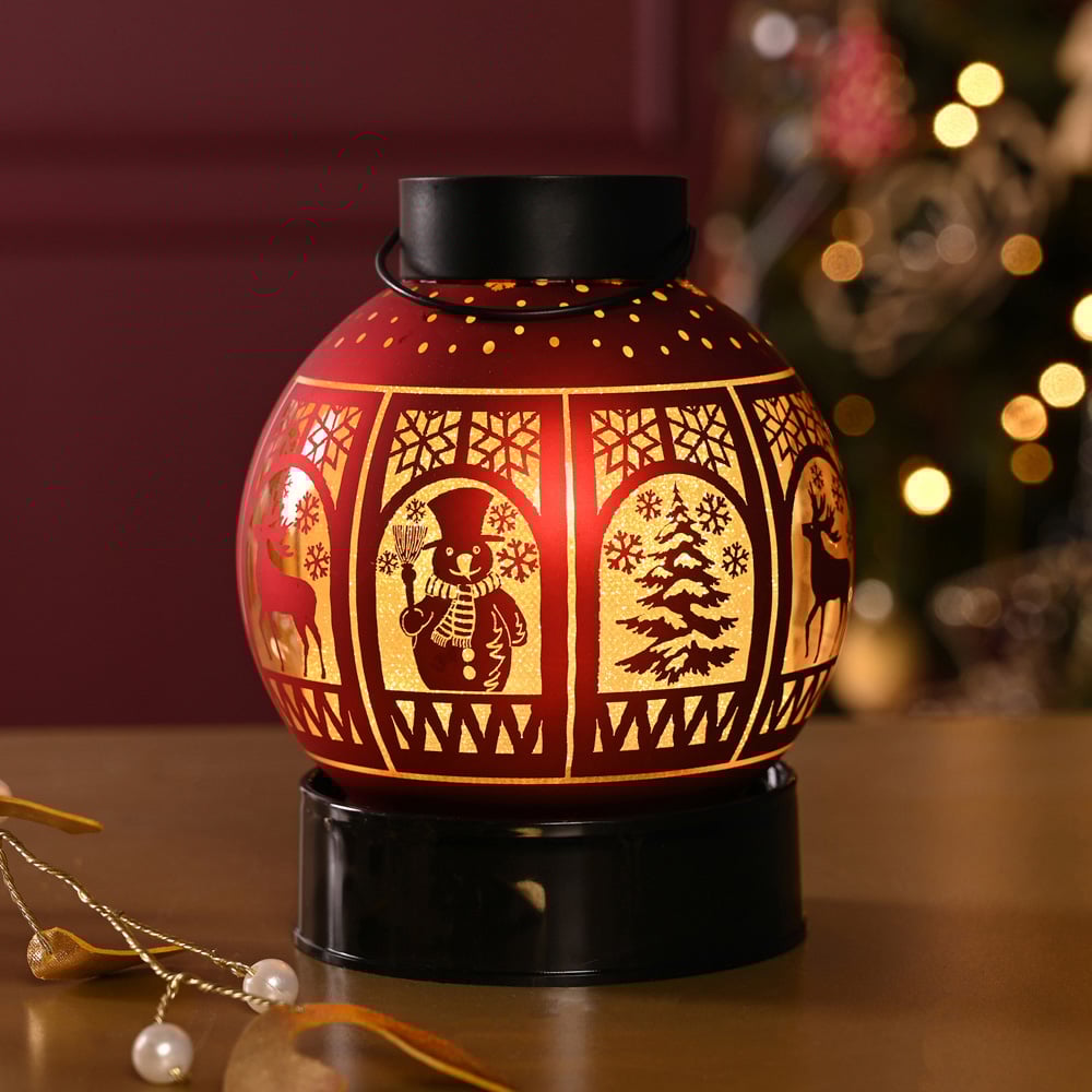 The Seasonal Gift Co Regal Tidings Red Glass Round LED Christmas Windows Lantern 18cm Image 2
