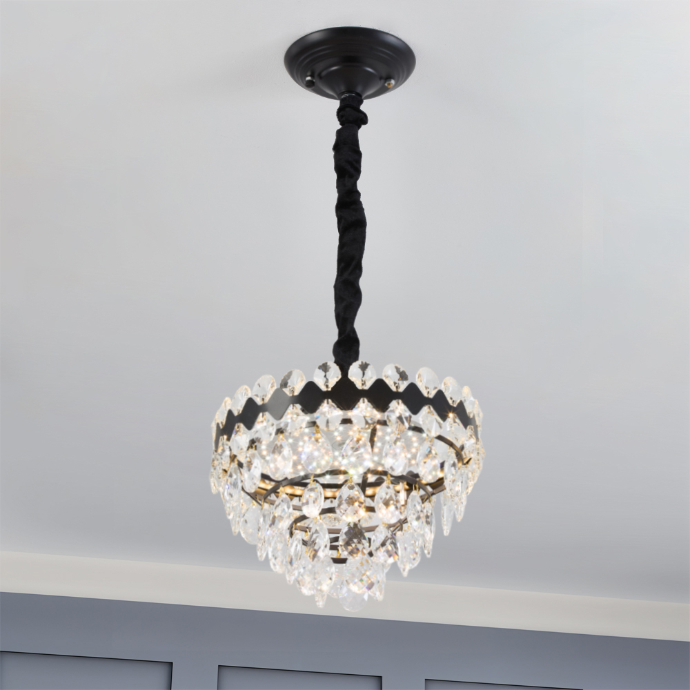 Living and Home Black Iron Crystal Chandelier LED Pendant Light Image 2