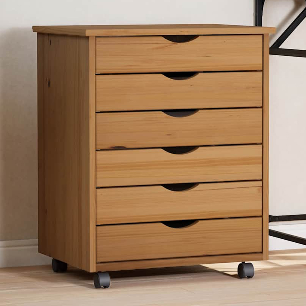 vidaXL Moss 6 Drawer Honey Brown Solid Pine Mobile Chest of Drawers Image 1