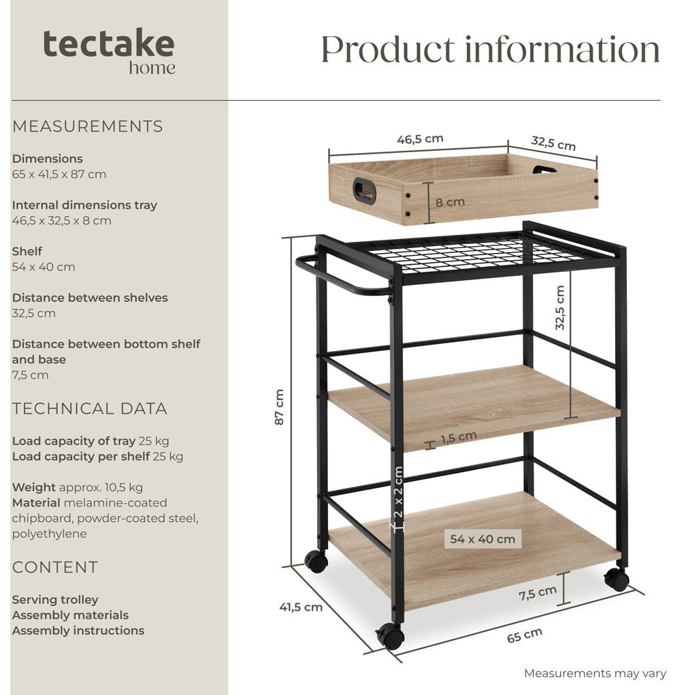 Tectake Worcester 3 Shelf Sonoma Oak Drinks Trolley Image 9