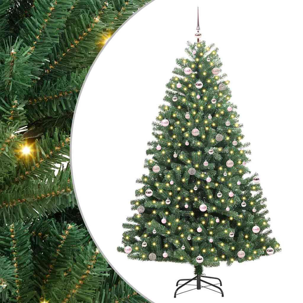 vidaXL Pre-Lit Pink Baubles Green Artificial Hinged Christmas Tree 8ft Image 2