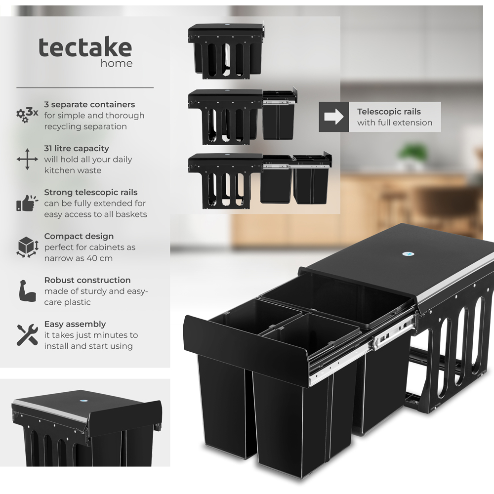 Tectake Ashlyn 3 Compartment Black Telescopic Kitchen Bin 31L Image 6