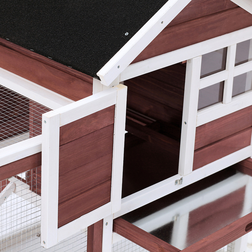 PawHut Red Wooden 2 Tier Rabbit Hutch with Ladder Image 2