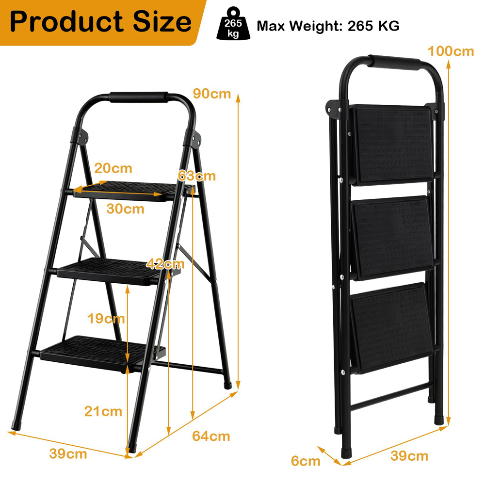 Costway 3 Step Black Anti Slip Folding Ladder Image 9
