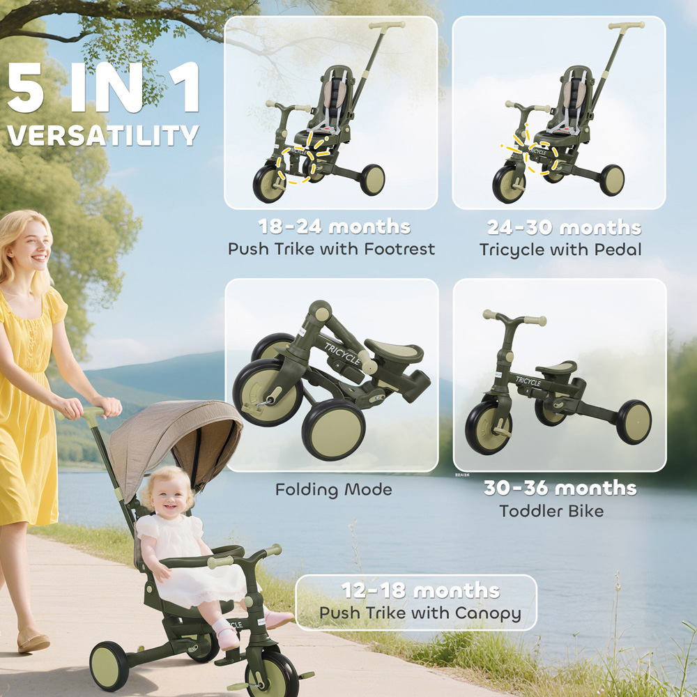 Tommy Toys 5-in-1 Toddler Dark Green 5 Point Harness Foldable Trike with Parent Handle Image 4