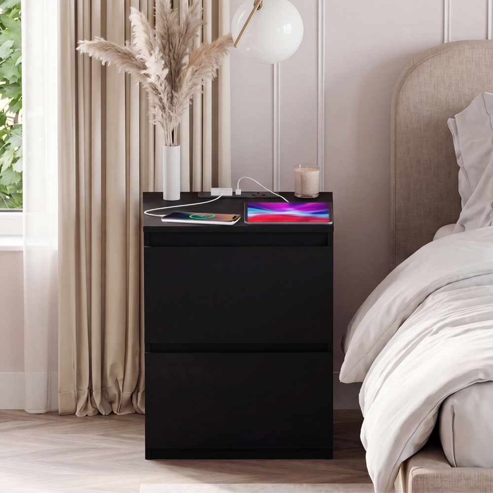 VIDA DESIGNS Denver 2 Drawer Black Large Bedside Chest with Power Outlet Image 3
