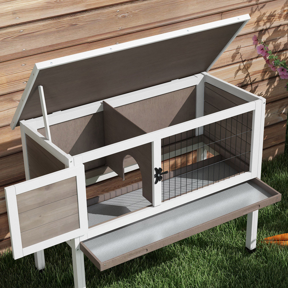 PawHut Large Elevated Wooden Rabbit Hutch with Asphalt Roof Image 2