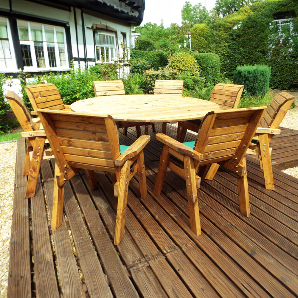 Charles Taylor Solid Wood 8 Seater Round Outdoor Dining Set with Green Cushions Image 1