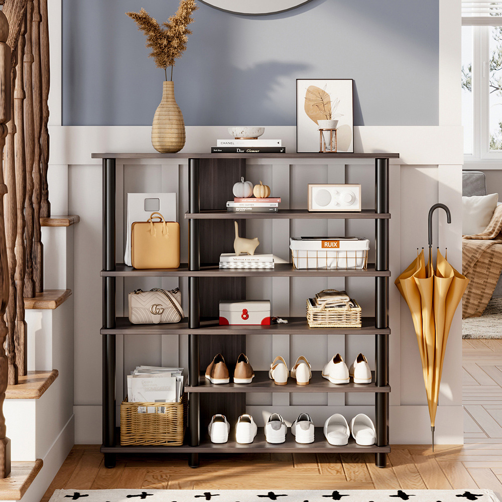 H&O Direct 8 Shelf Brown Wooden Open Style Shoe Rack Image 2