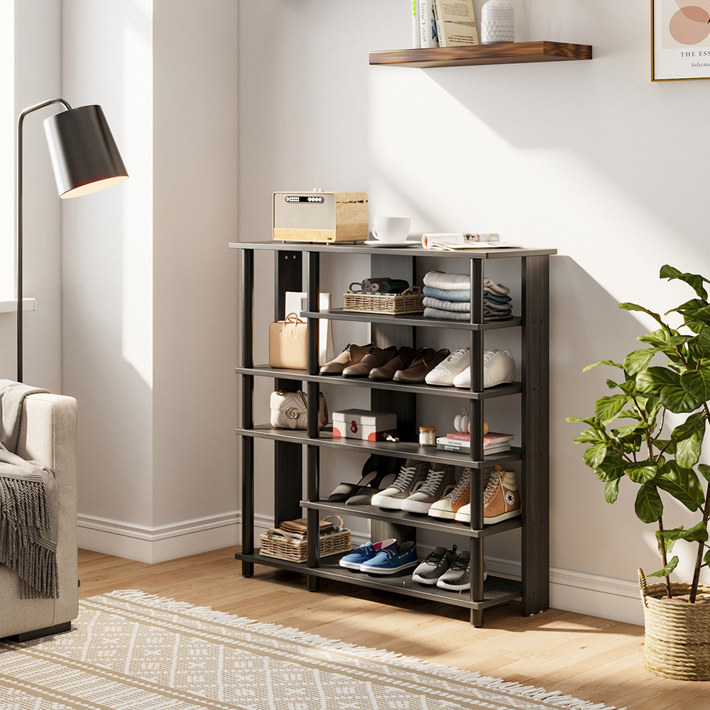 H&O Direct 8 Shelf Black Wooden Open Style Shoe Rack Image 2